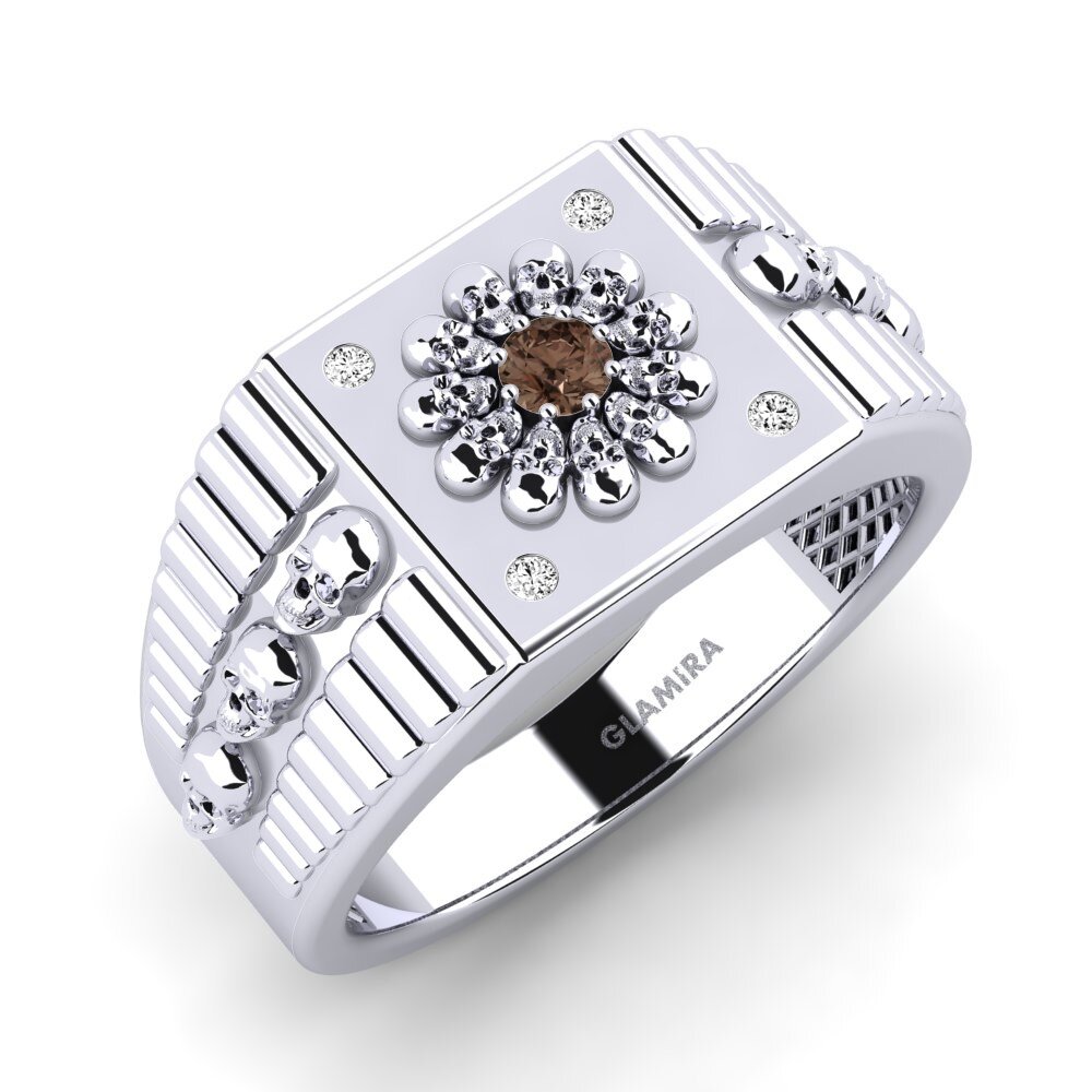 White Silver Smoky Quartz Men's Ring Rulde
