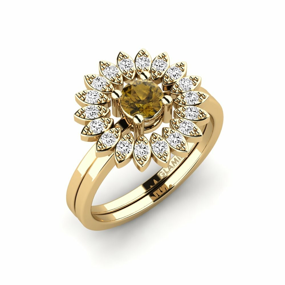 Or Jaune 18k Zircon Brun Bague Rundsw - SET