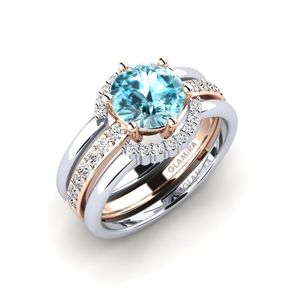 Or Rose& Blanc 18k Zircon Bleu Bague Segd - SET