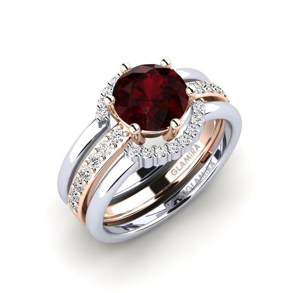 Or Rose& Blanc 18k Grenat Bague Segd - SET