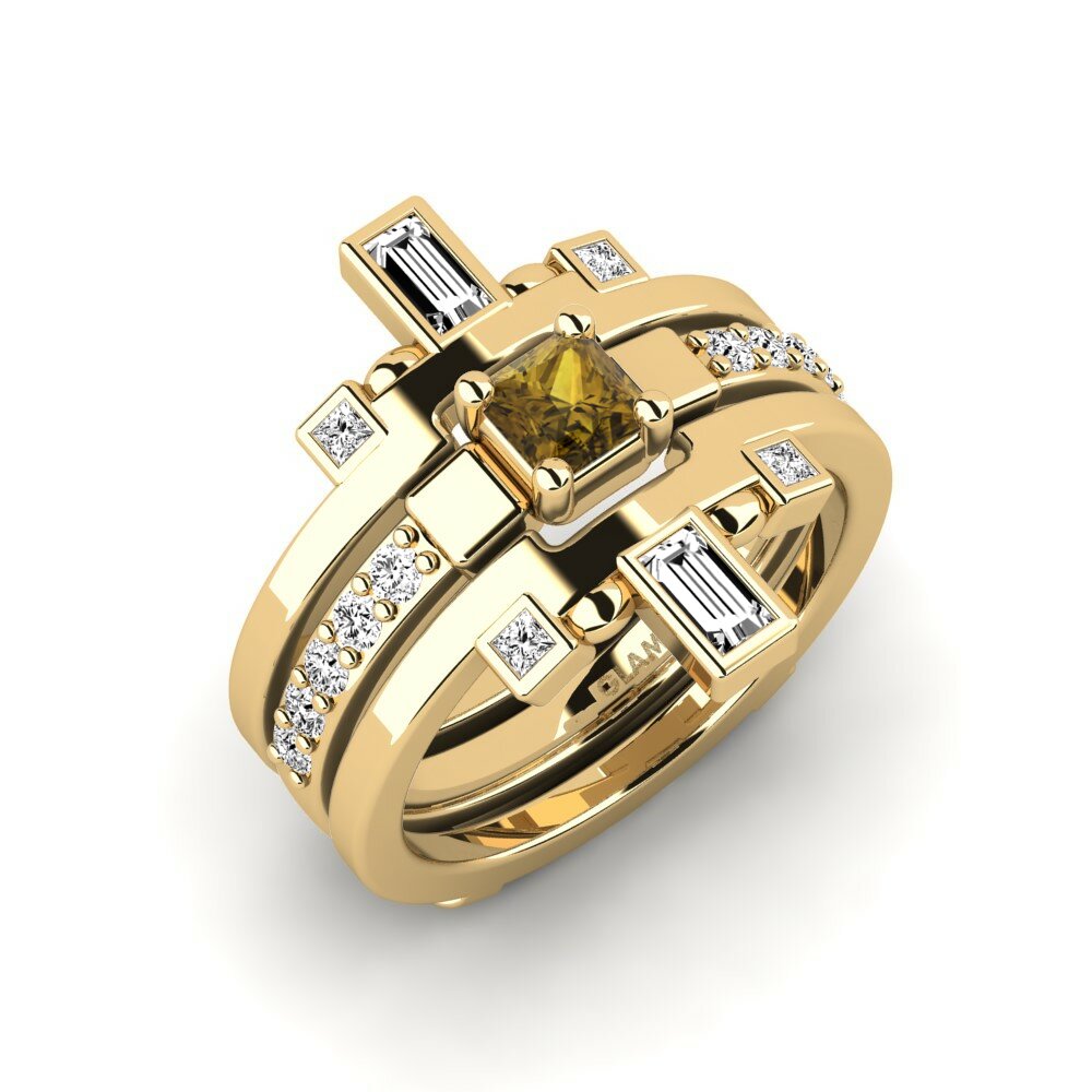 Or Jaune 18k Zircon Brun Bague Sendryha - SET