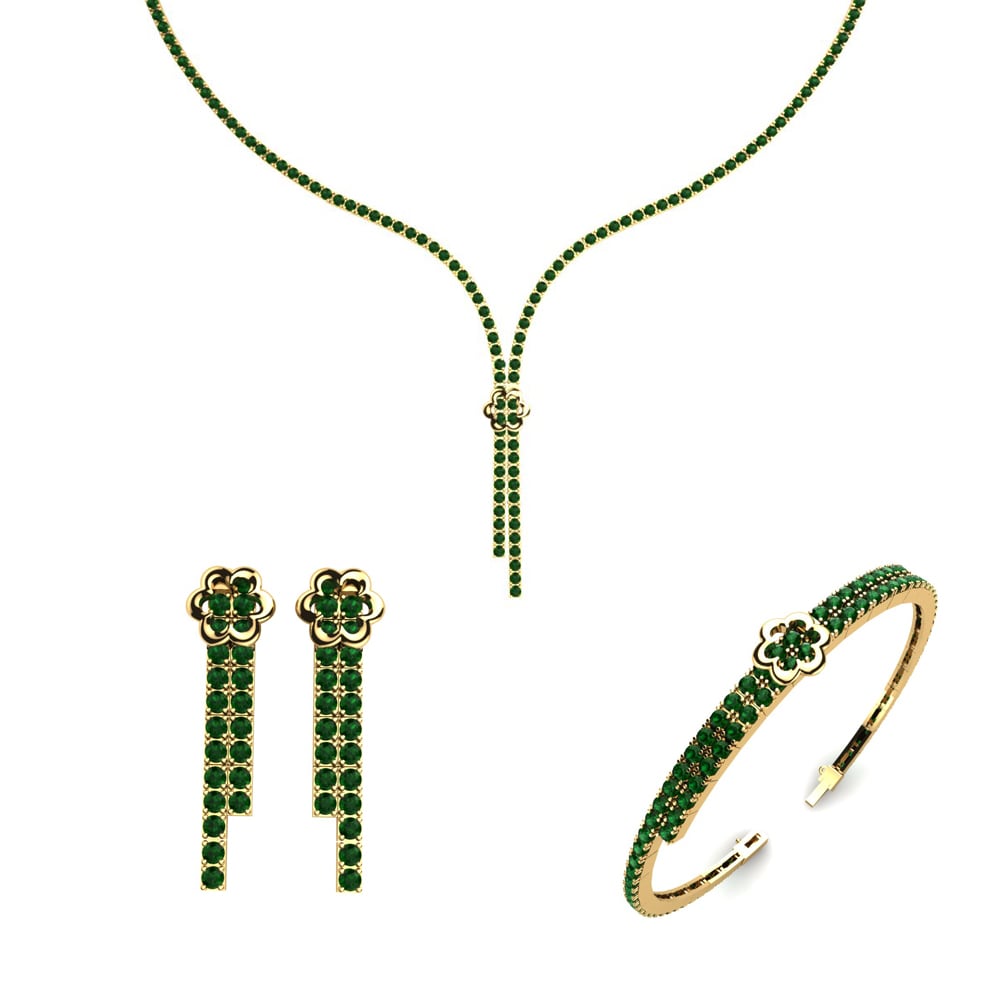 14ct Yellow Gold Green Zirconia Jewellery set Rhine
