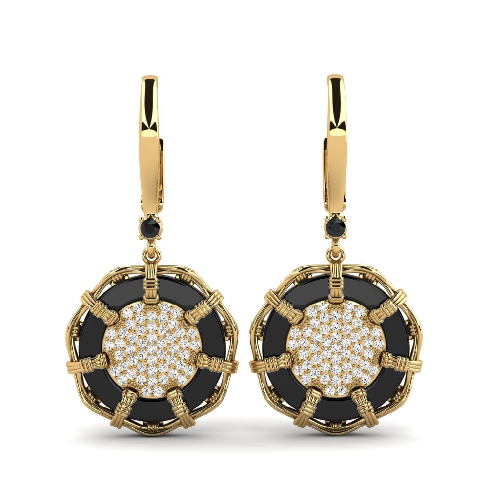 Ouro Amarelo 14K Ônix Negro Brincos Feminino Shirkey