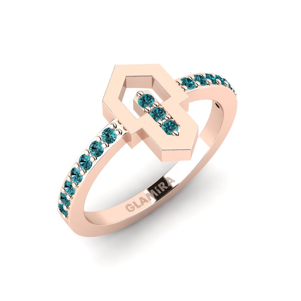 14k Oro Rosa Diamante Azul Anillo Singular