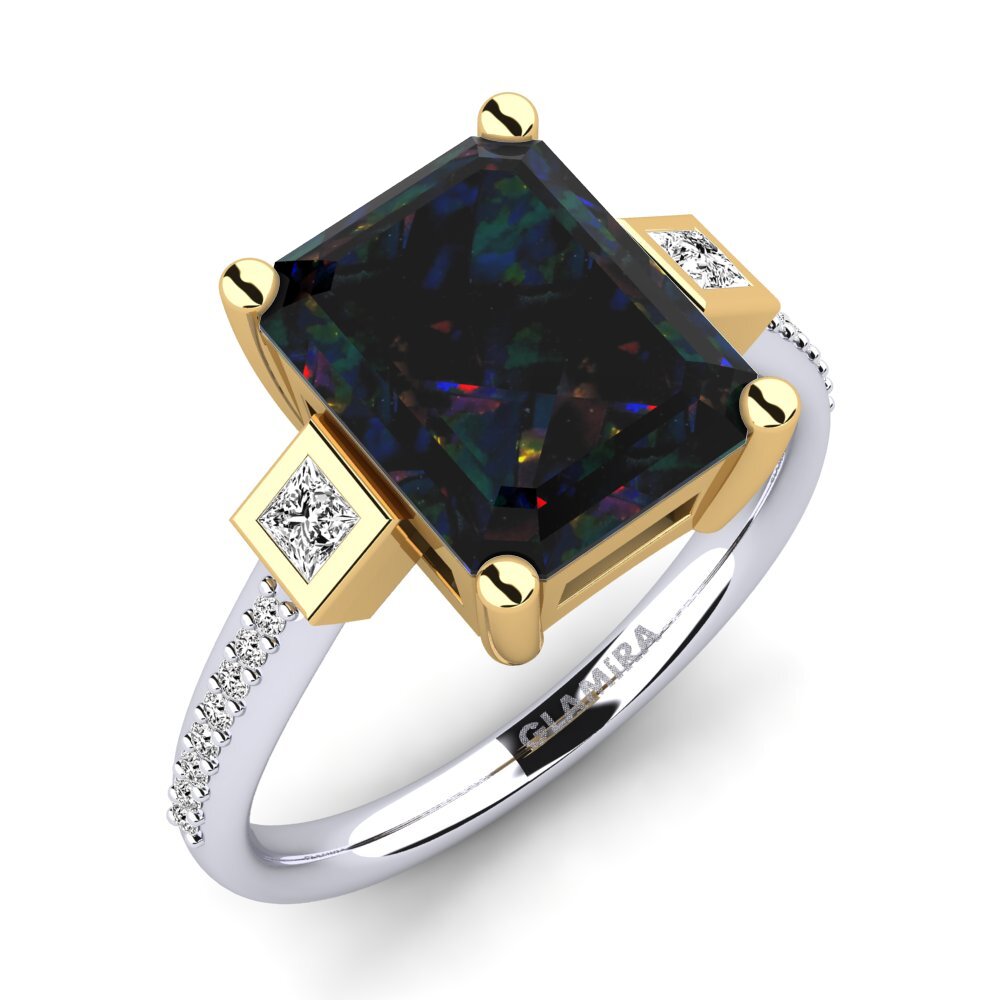 14k Oro Blanco & Amarillo Opalo Negro Anillo de compromiso Sohniel