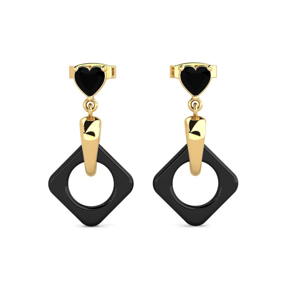 Ouro Amarelo 14K Ônix Negro Brincos Feminino Sphealed