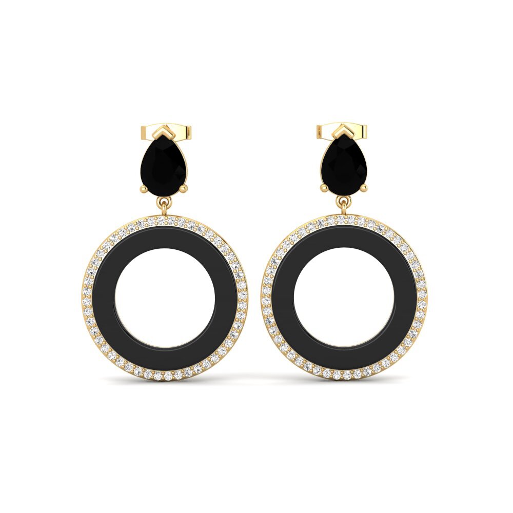 Ouro Amarelo 14K Ônix Negro Brincos Feminino Staub