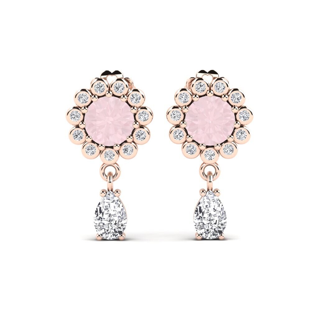 Boucles D'Oreilles Clous En Quartz Rose Ronde - Acier Inoxydable - Neuf Sans Emballage