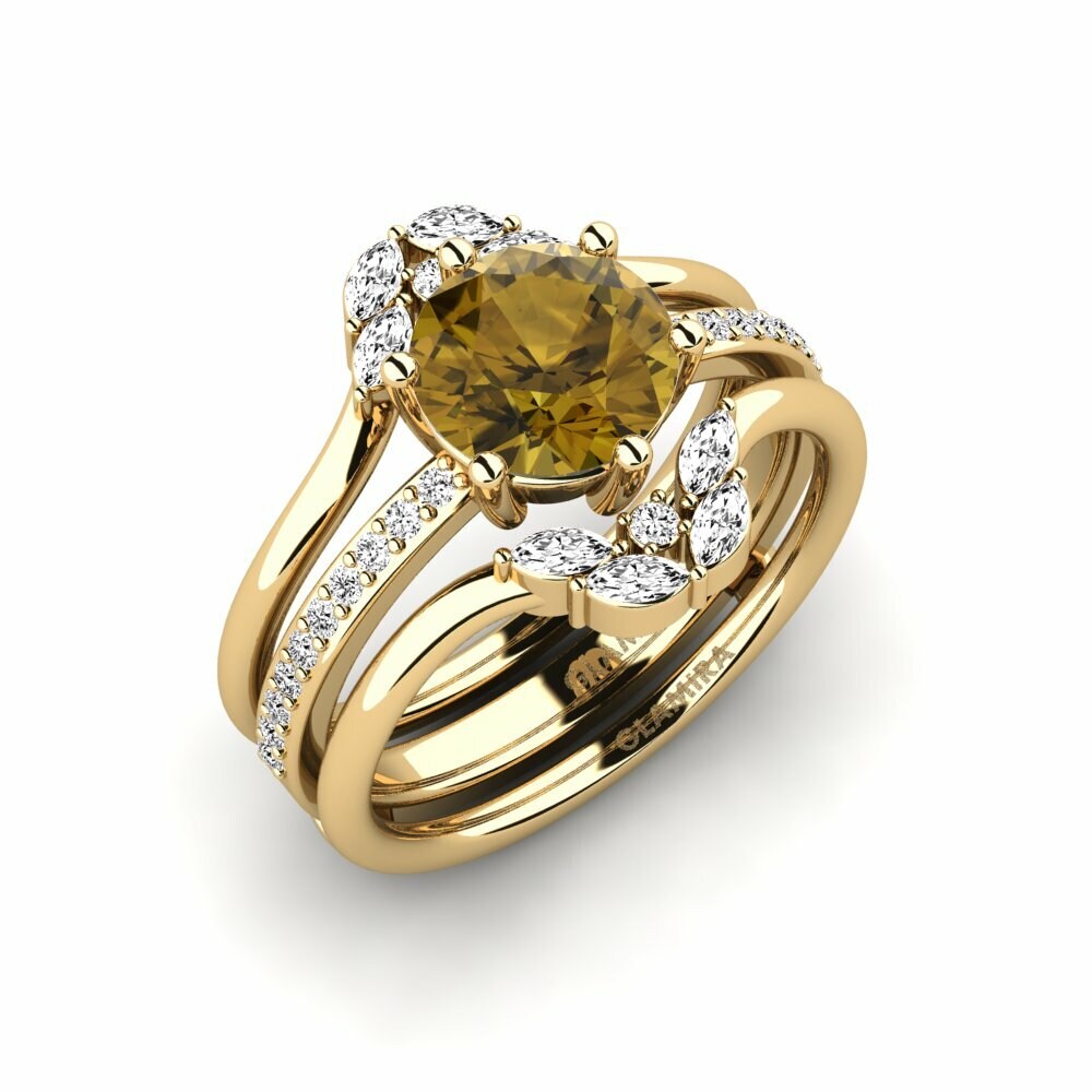 Or Jaune 18k Zircon Brun Bague Tazil - SET