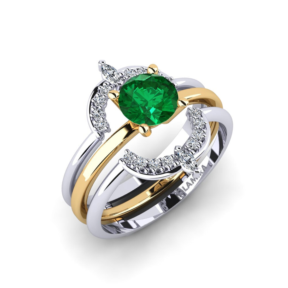 Or Blanc & Jaune 18k Émeraude (créée en laboratoire) Bague Teakook - SET