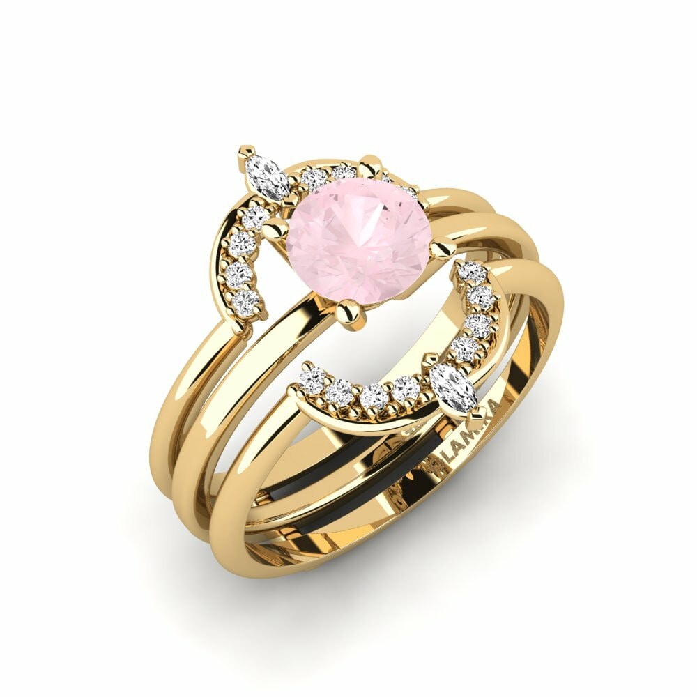 Or Jaune 18k Quartz Rose Bague Teakook - SET