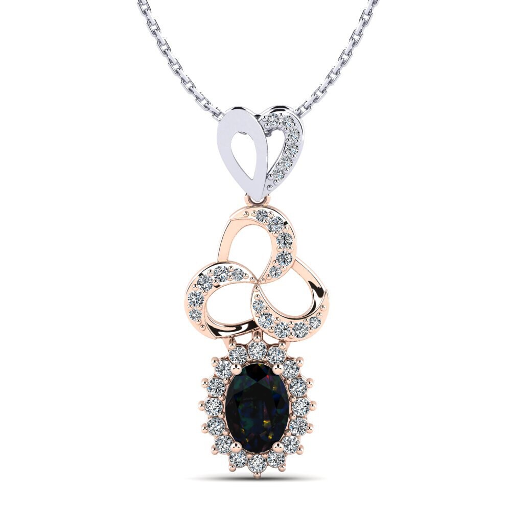 Dây chuyền Vàng Trắng-Đỏ 9K Đá Opal Đen Halo