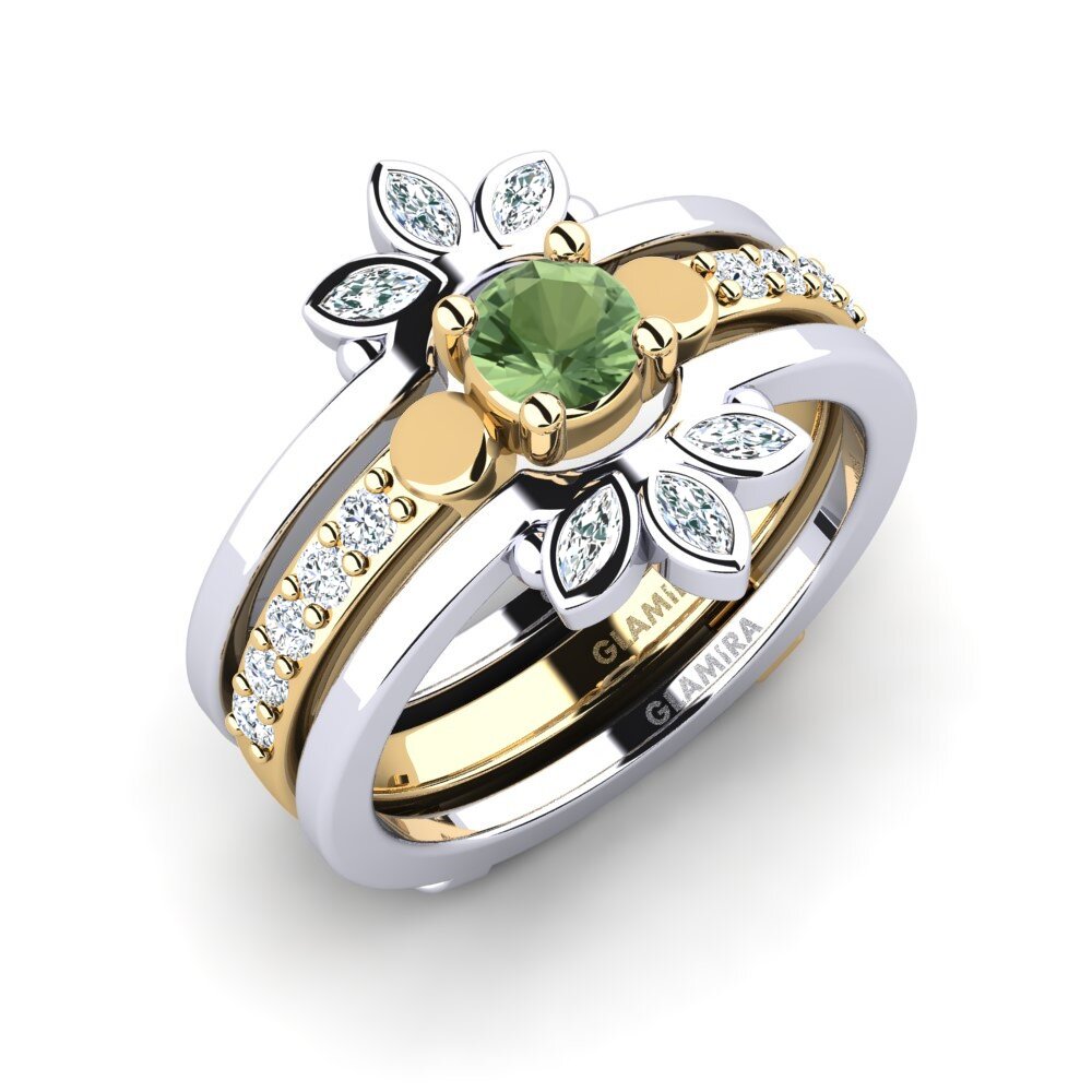 14ct White / Yellow Gold Green Sapphire Ring Todergea - SET