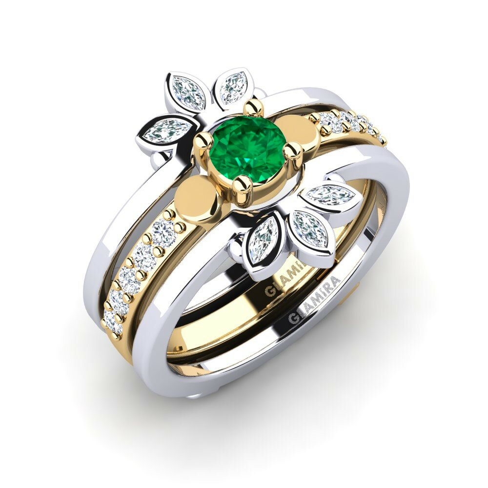 Or Blanc & Jaune 18k Émeraude (créée en laboratoire) Bague Todergea - SET
