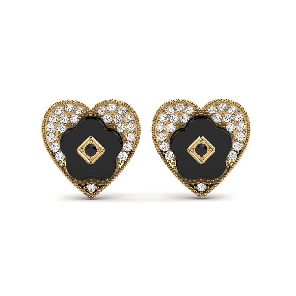 Ouro Amarelo 14K Ônix Negro Brincos Feminino Torgeson