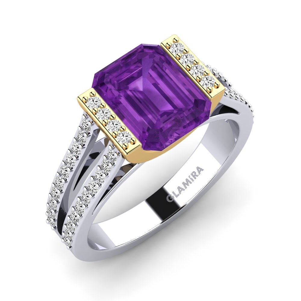 14k Oro Blanco & Amarillo Amatista Anillo de compromiso Trinetta