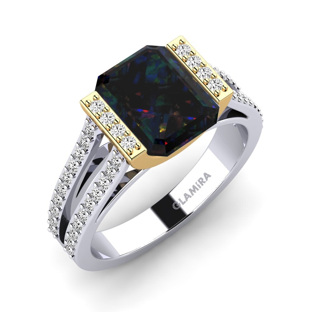 14k Oro Blanco & Amarillo Opalo Negro Anillo de compromiso Trinetta