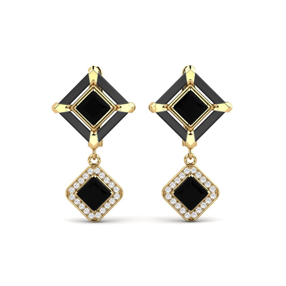 Ouro Amarelo 14K Ônix Negro Brincos Feminino Trudies