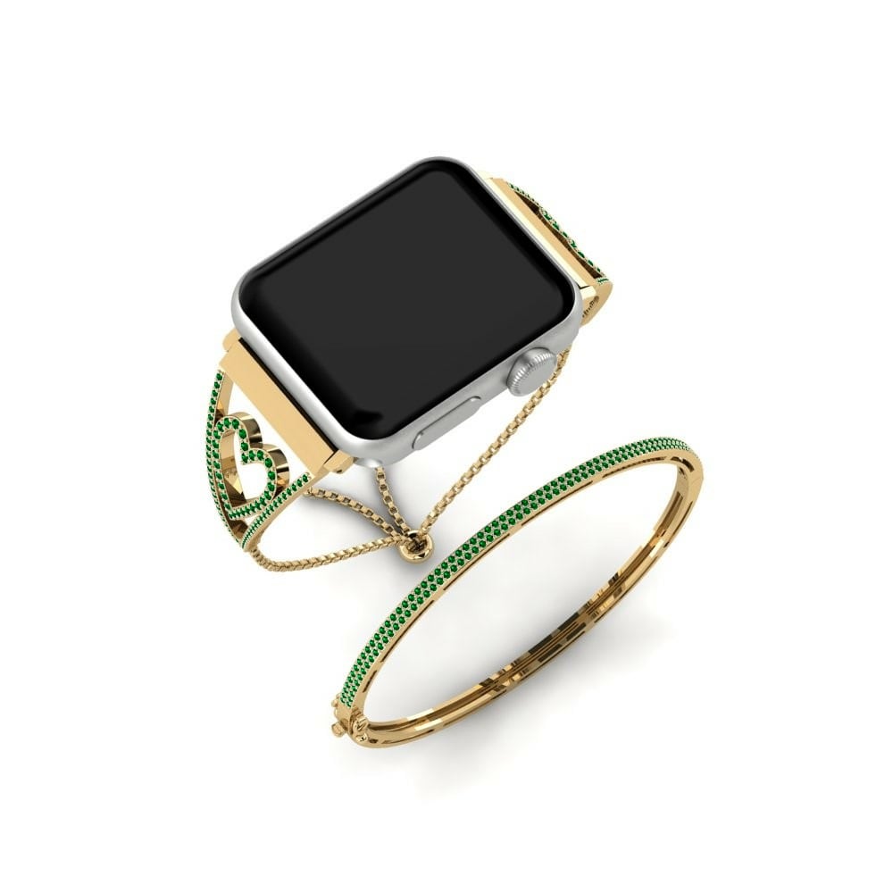 Apple Watch® Unicu Set Acier inoxydable / Or jaune 585 Swarovski Vert 2.872 Carats Ronde