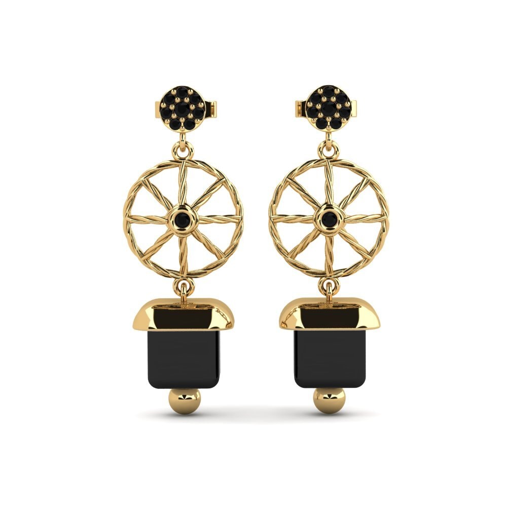 Ouro Amarelo 14K Ônix Negro Brincos Feminino Utopus