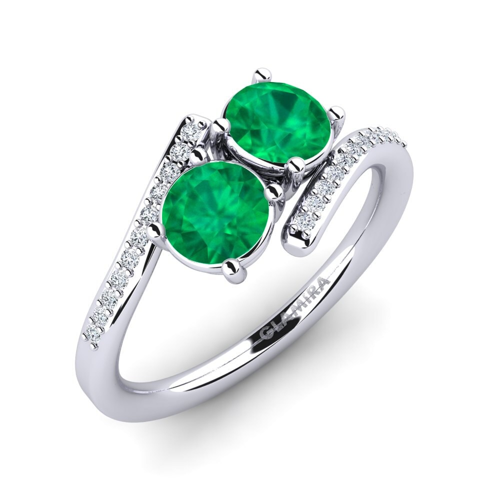 Bague De Fiançailles Or Blanc 14k Avec émeraude Verte Créée En Labo - Taille Personnalisable, Halo Saphir