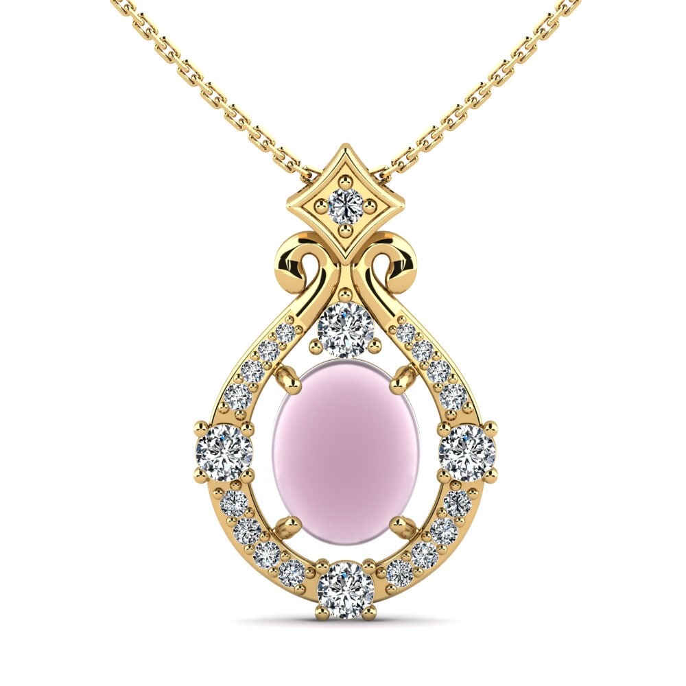 9k Oro Amarillo Cuarzo Rosa Cabujón Collar de Mujer Victiva