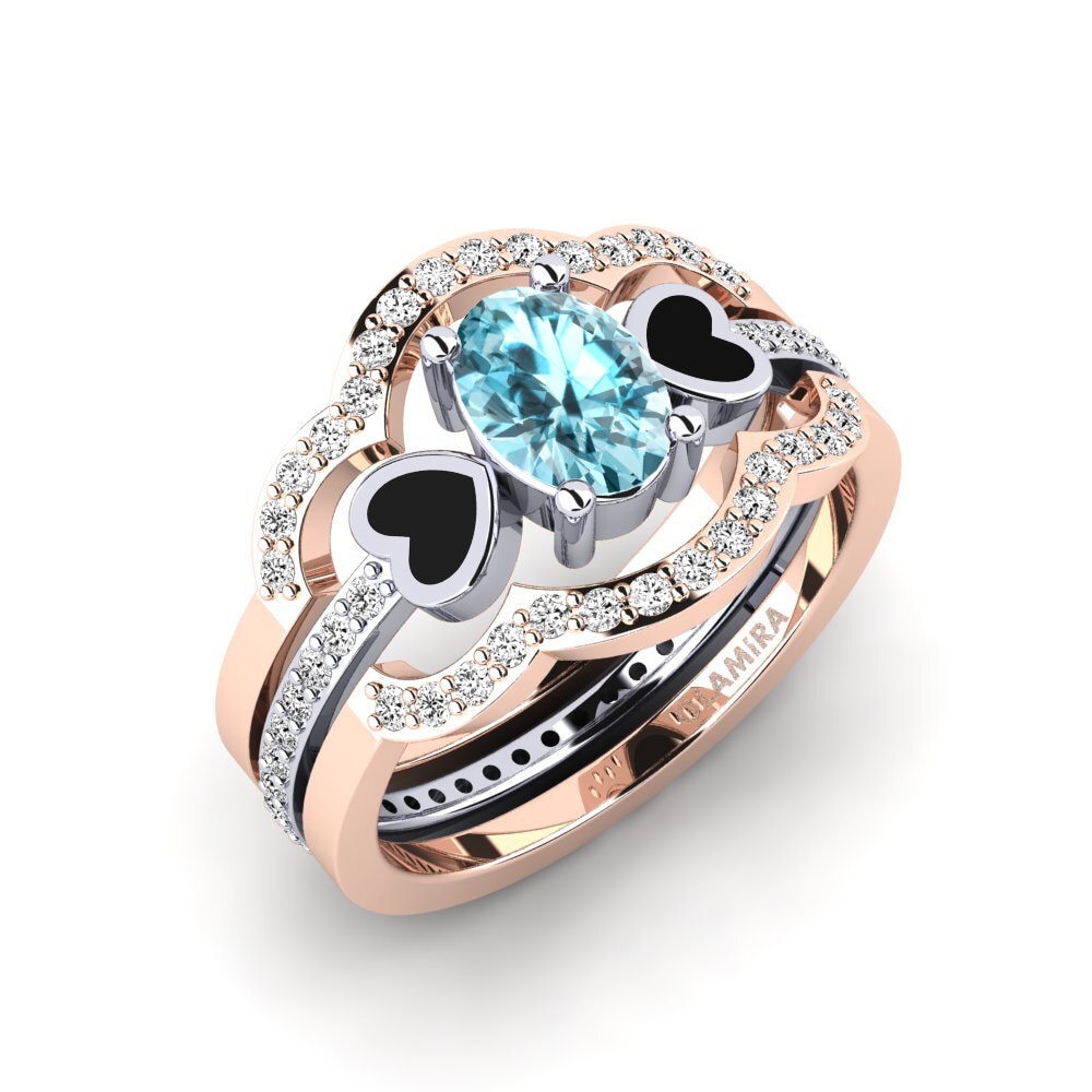 Or Rose& Blanc 18k Zircon Bleu Bague Vigetea - SET