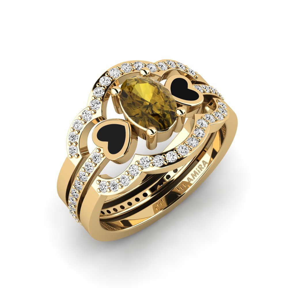 Oval 0.66 Carat Enhancer Brown Zircon 14k Yellow Gold Ring Vigetea - SET