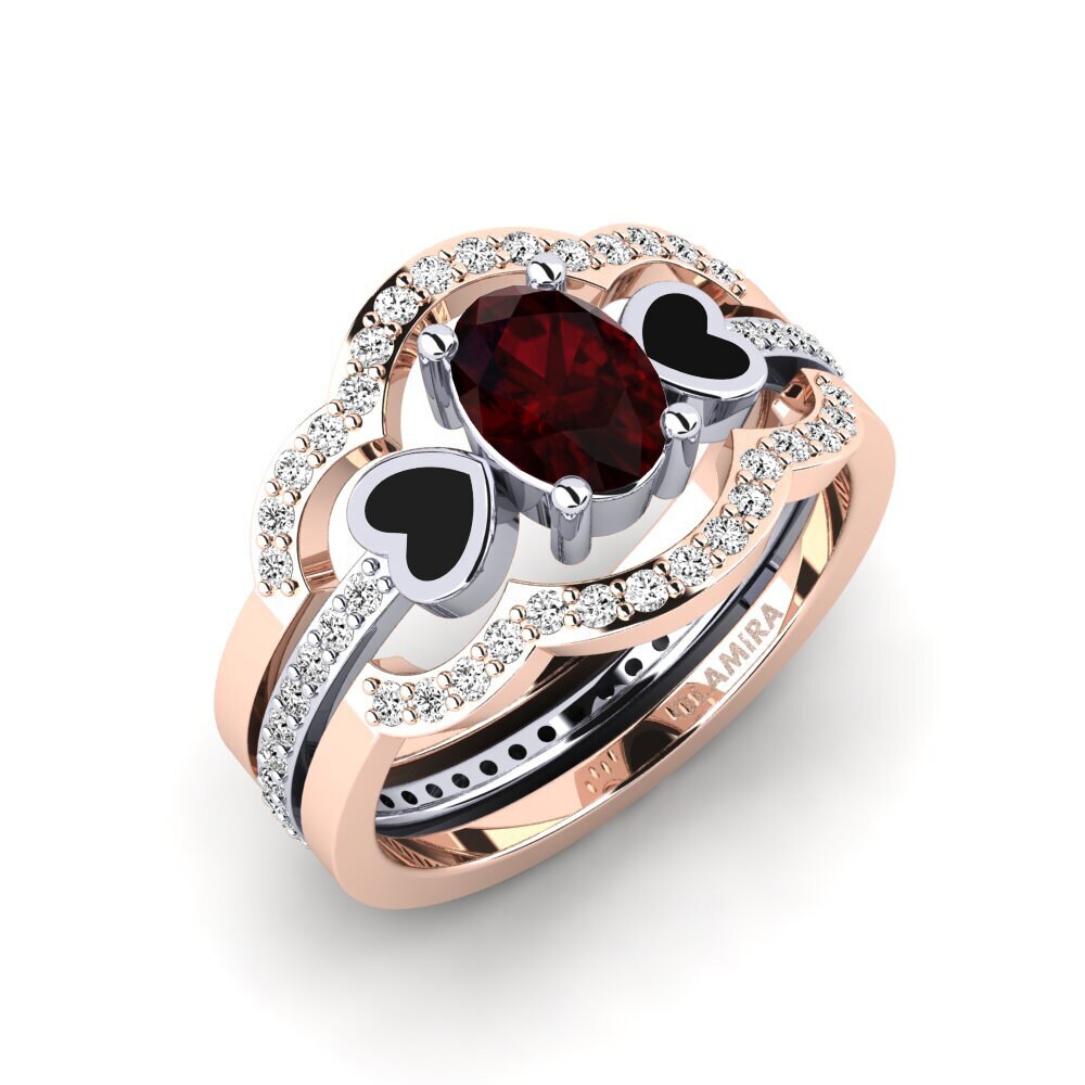 Or Rose& Blanc 18k Grenat Bague Vigetea - SET