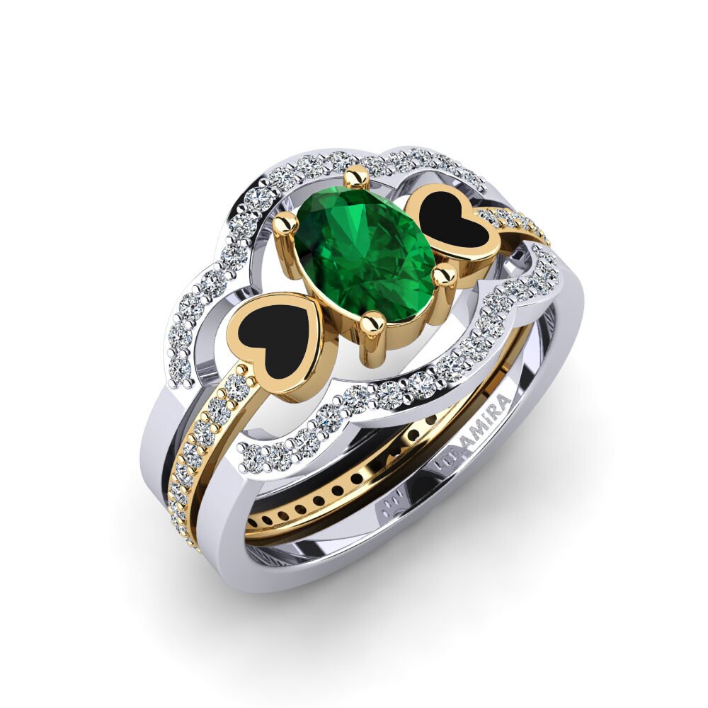 Or Blanc & Jaune 18k Émeraude (créée en laboratoire) Bague Vigetea - SET