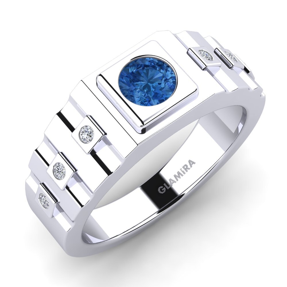 Oro Bianco 585 Zircone Blu Scuro Anello da uomo Vlad