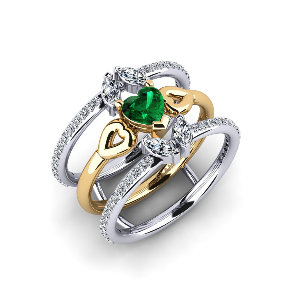 Or Blanc & Jaune 18k Émeraude (créée en laboratoire) Bague Vouma - SET