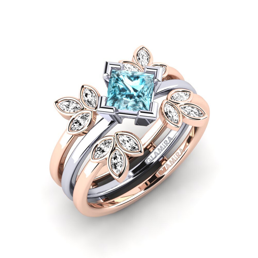Or Rose& Blanc 18k Zircon Bleu Bague Wanjin - SET