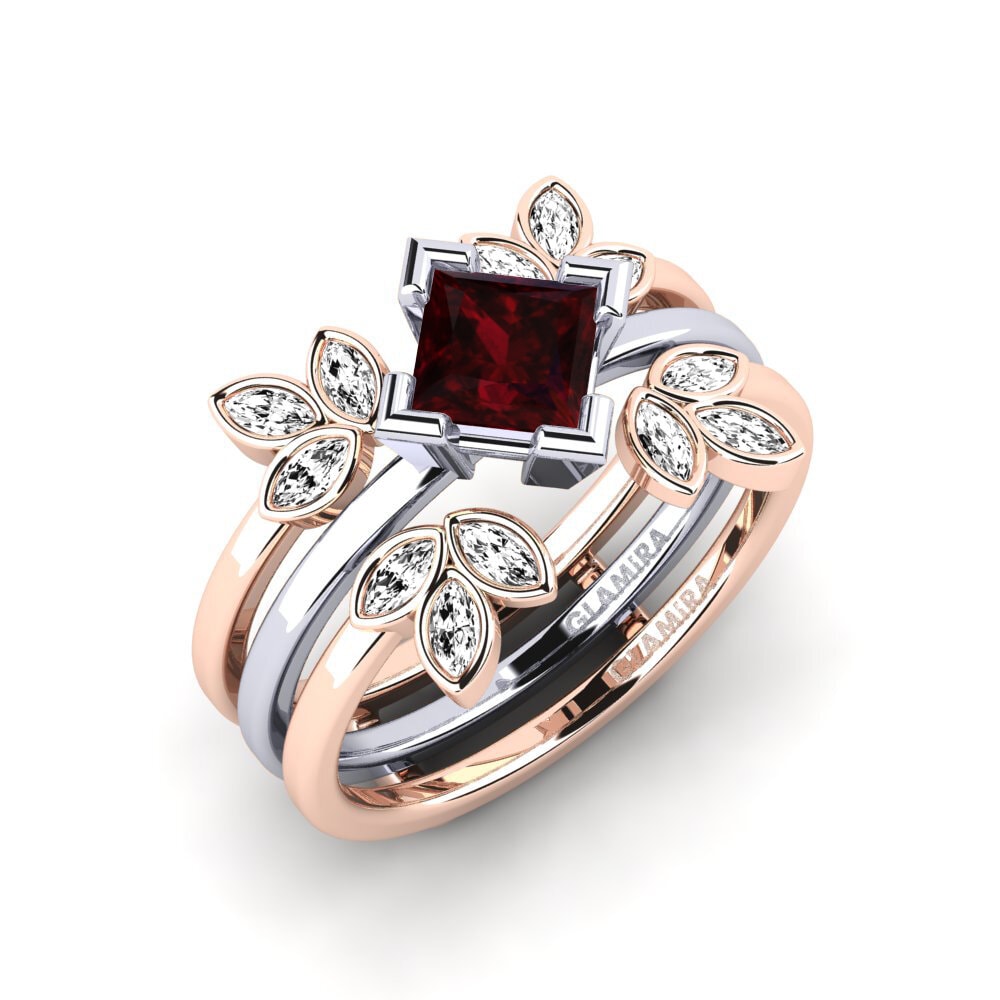 Or Rose& Blanc 18k Grenat Bague Wanjin - SET