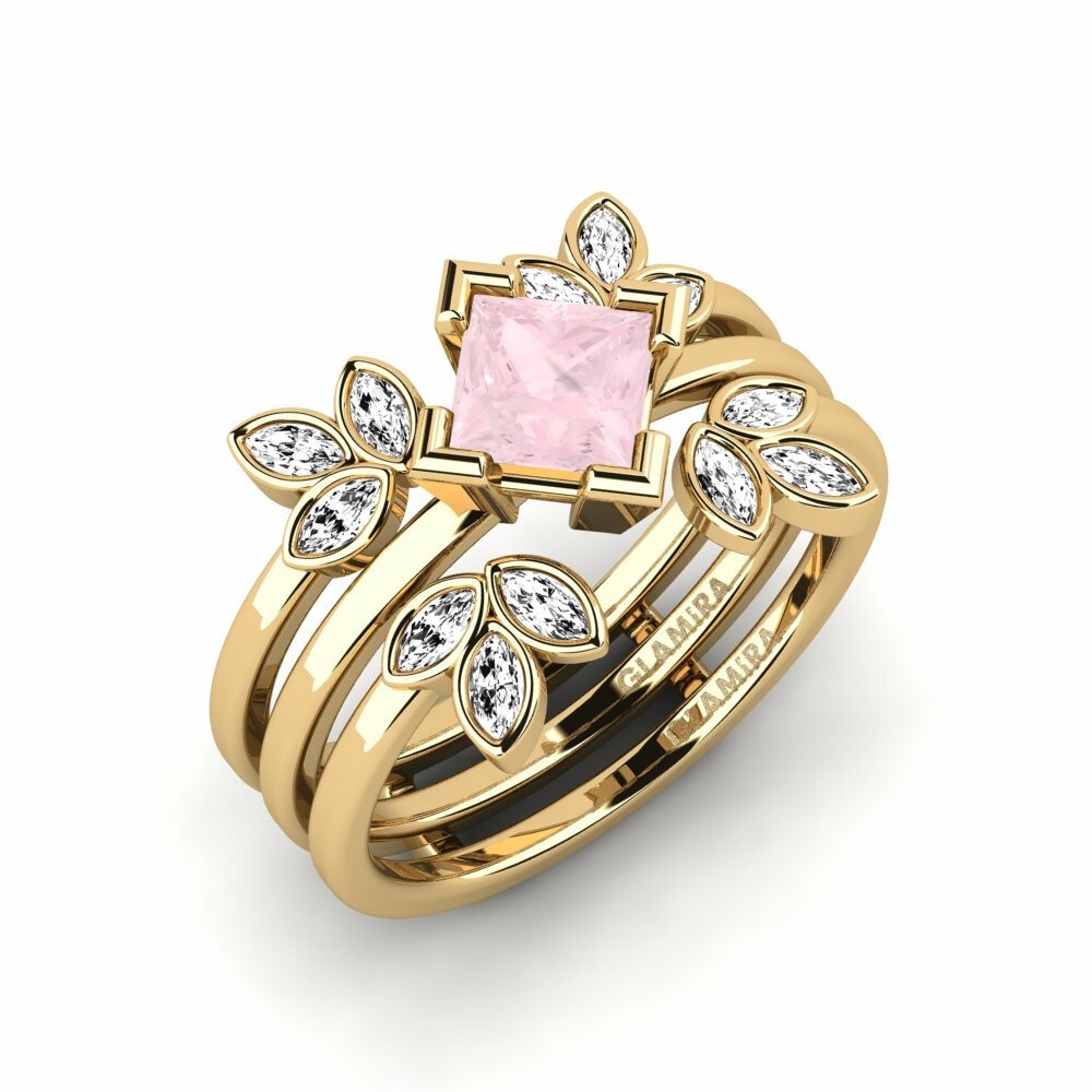 Or Jaune 18k Quartz Rose Bague Wanjin - SET