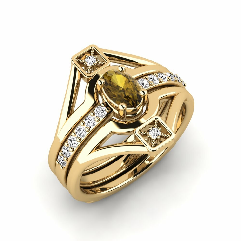 Or Jaune 18k Zircon Brun Bague Wardodea - SET