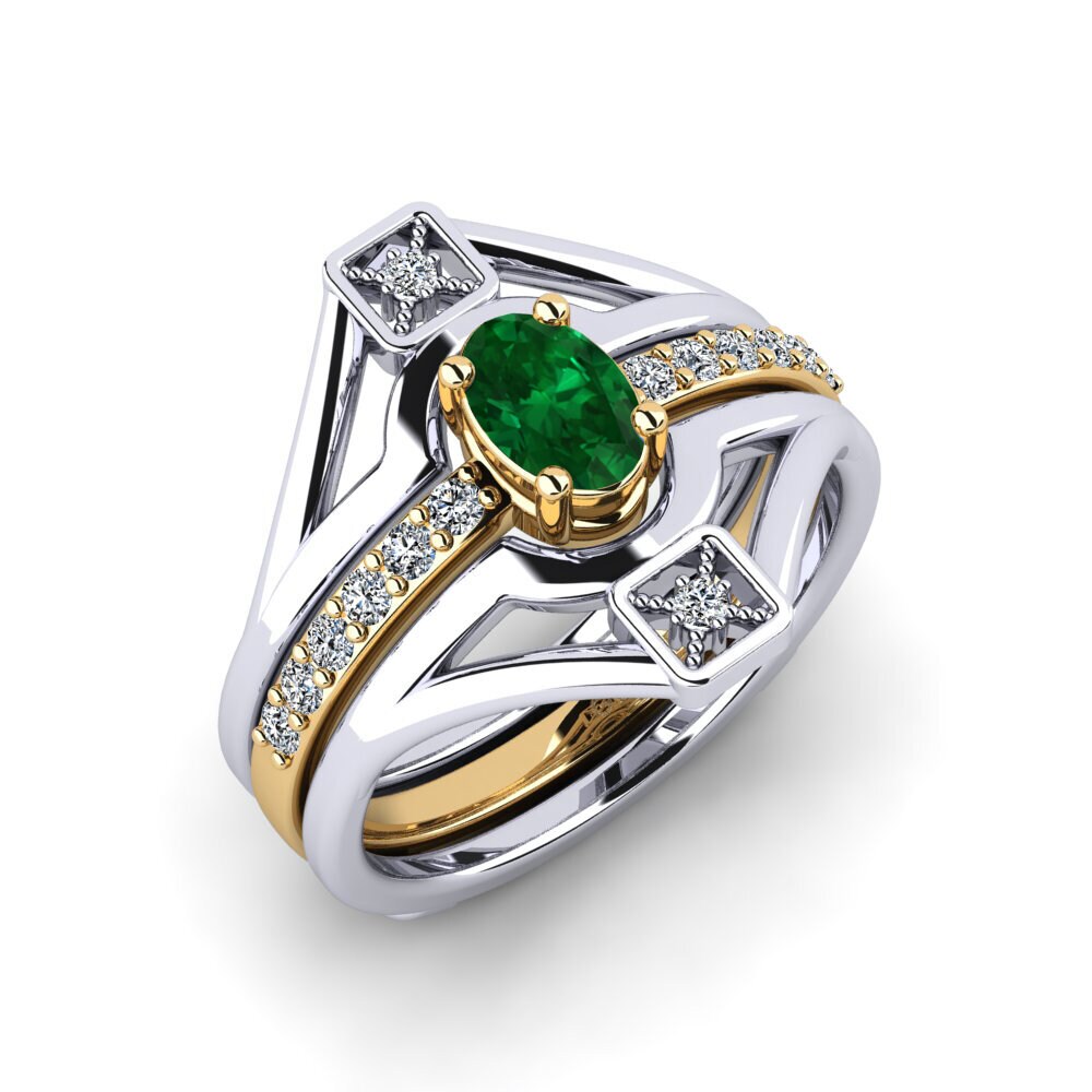 Or Blanc & Jaune 18k Émeraude (créée en laboratoire) Bague Wardodea - SET