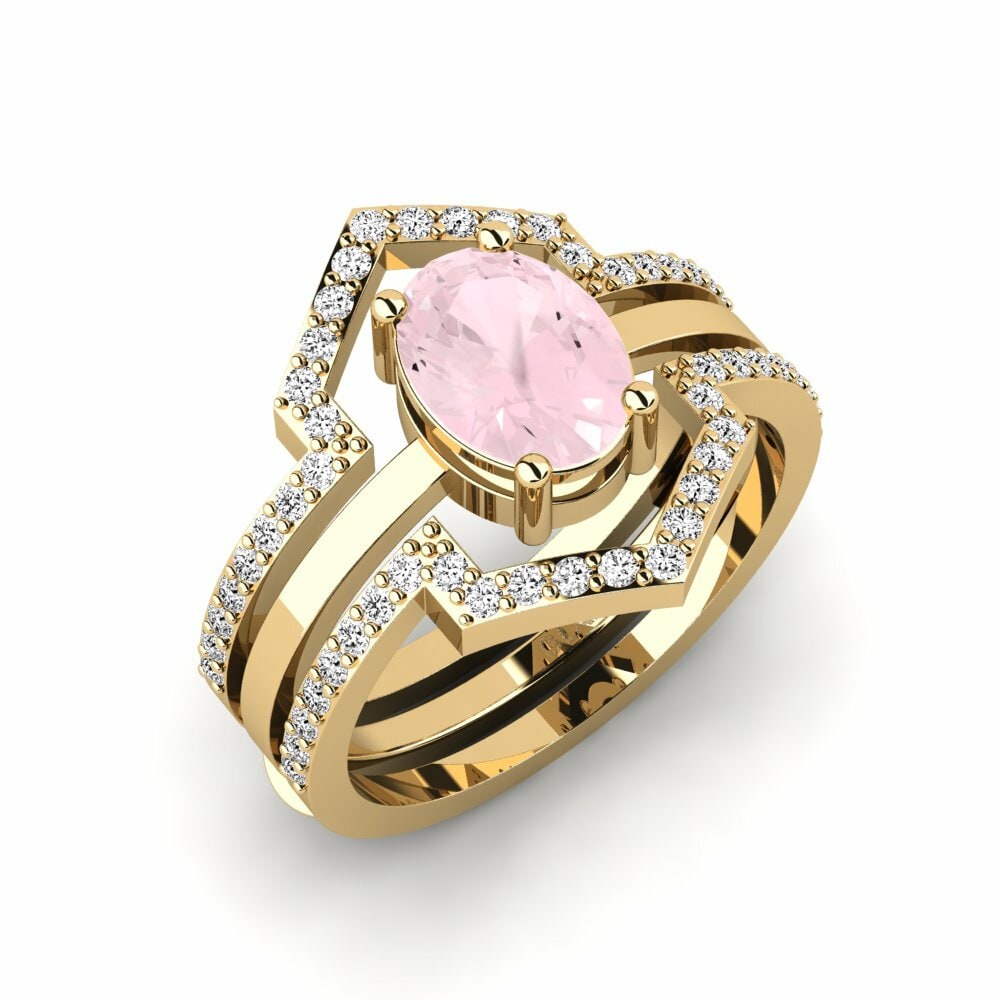 Or Jaune 18k Quartz Rose Bague Wear - SET