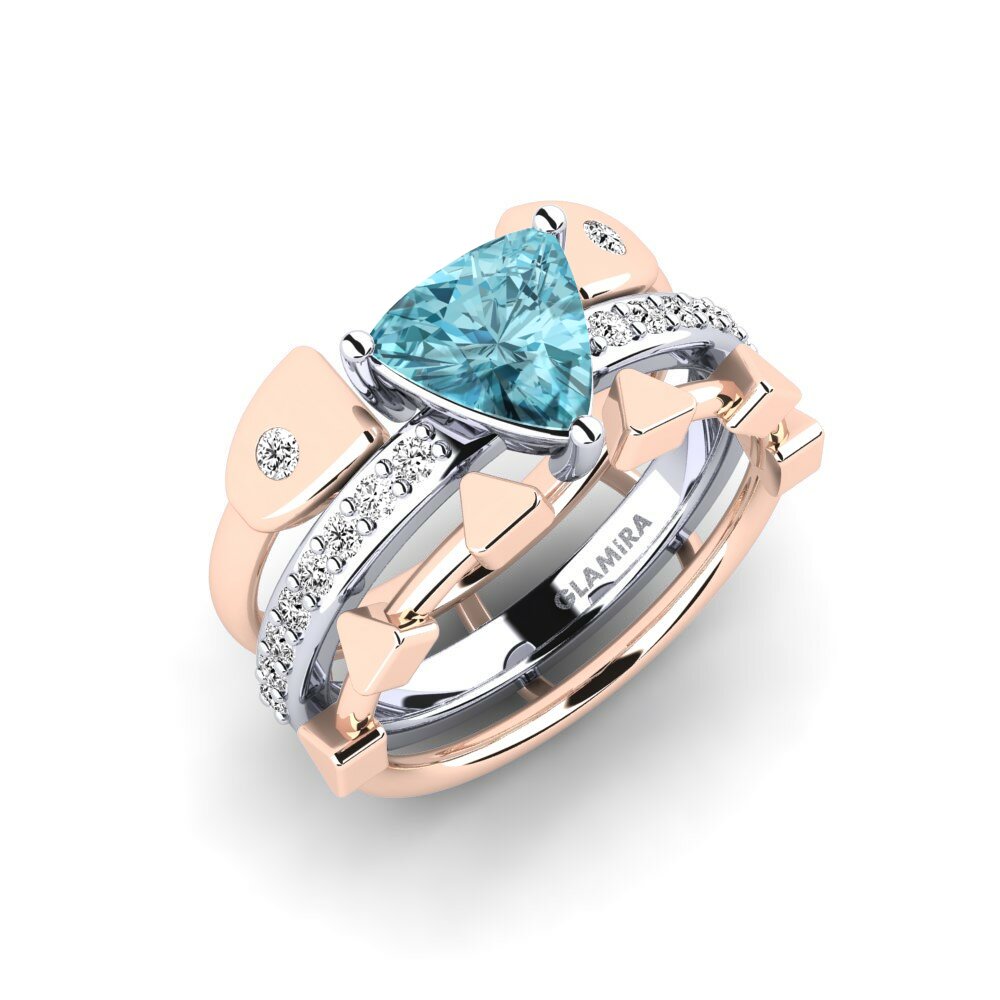 Or Rose& Blanc 18k Zircon Bleu Bague Wegyron - SET