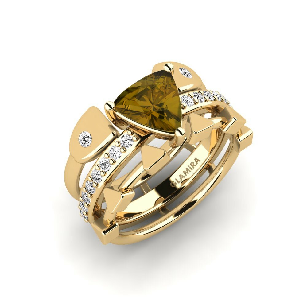 Or Jaune 18k Zircon Brun Bague Wegyron - SET
