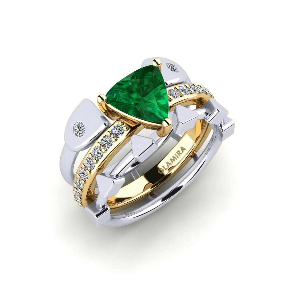 Or Blanc & Jaune 18k Émeraude (créée en laboratoire) Bague Wegyron - SET