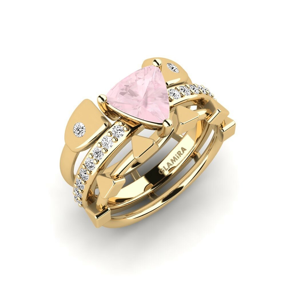 Or Jaune 18k Quartz Rose Bague Wegyron - SET