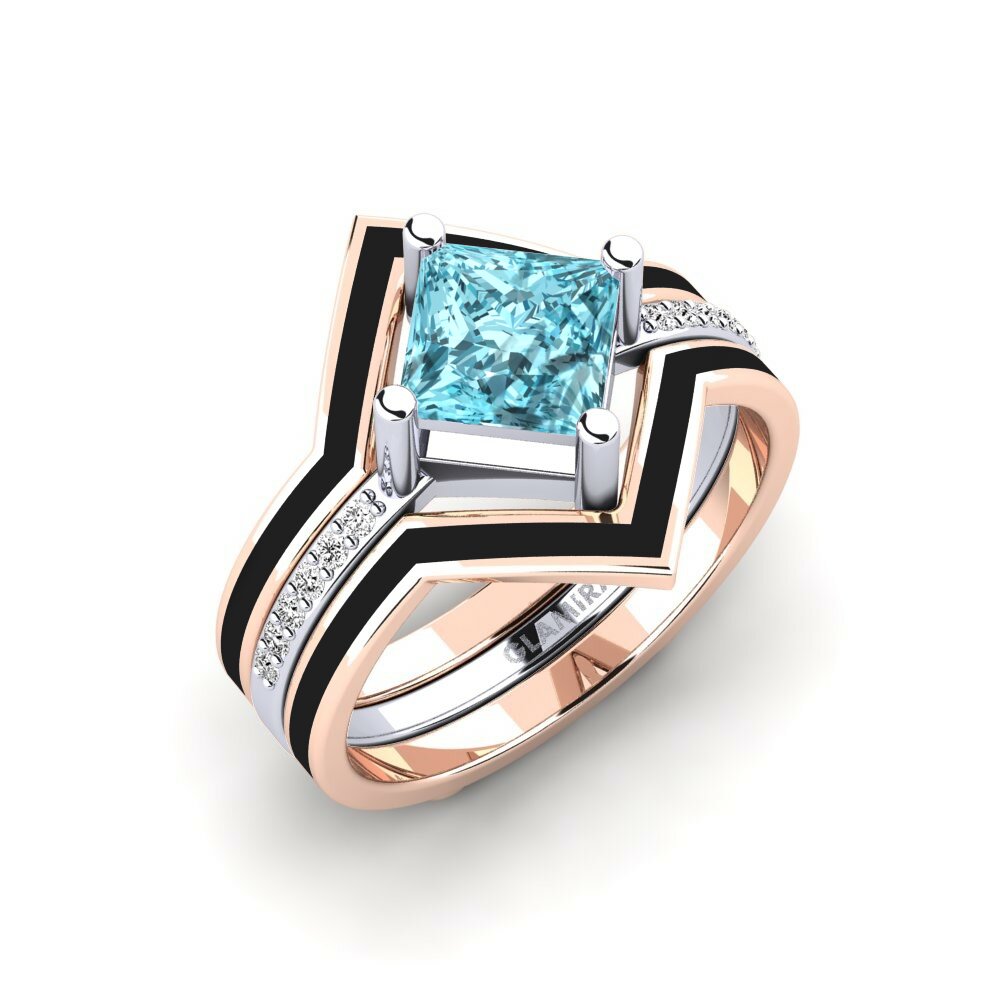 Or Rose& Blanc 18k Zircon Bleu Bague Wourg - SET