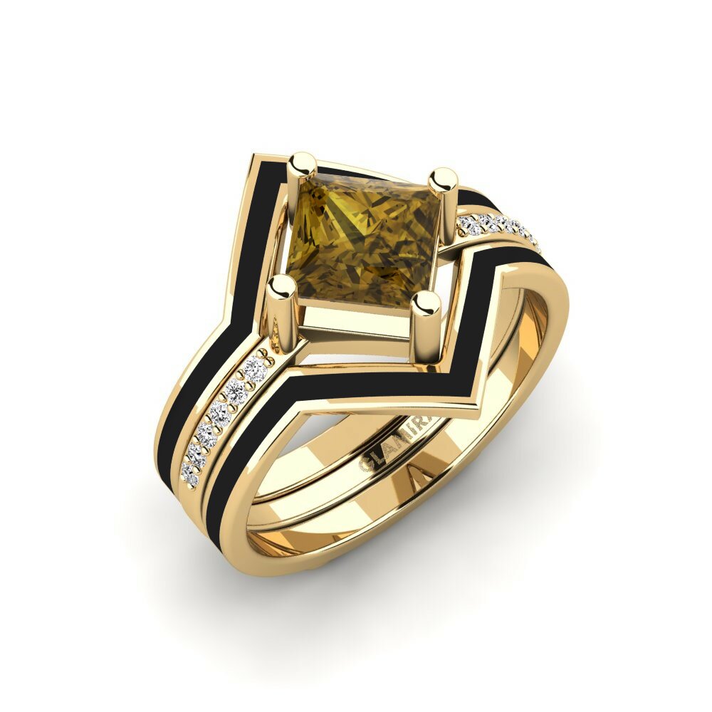 Or Jaune 18k Zircon Brun Bague Wourg - SET