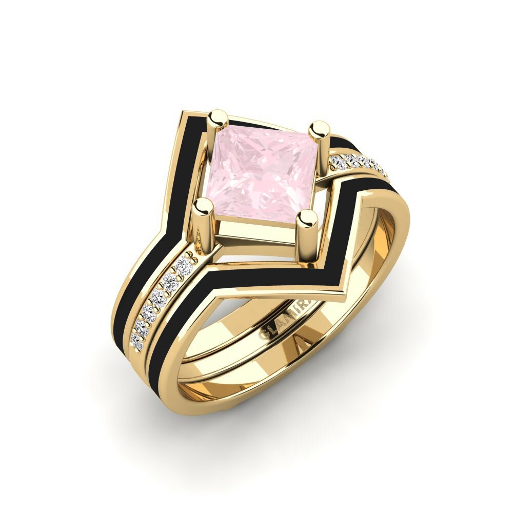 Or Jaune 18k Quartz Rose Bague Wourg - SET
