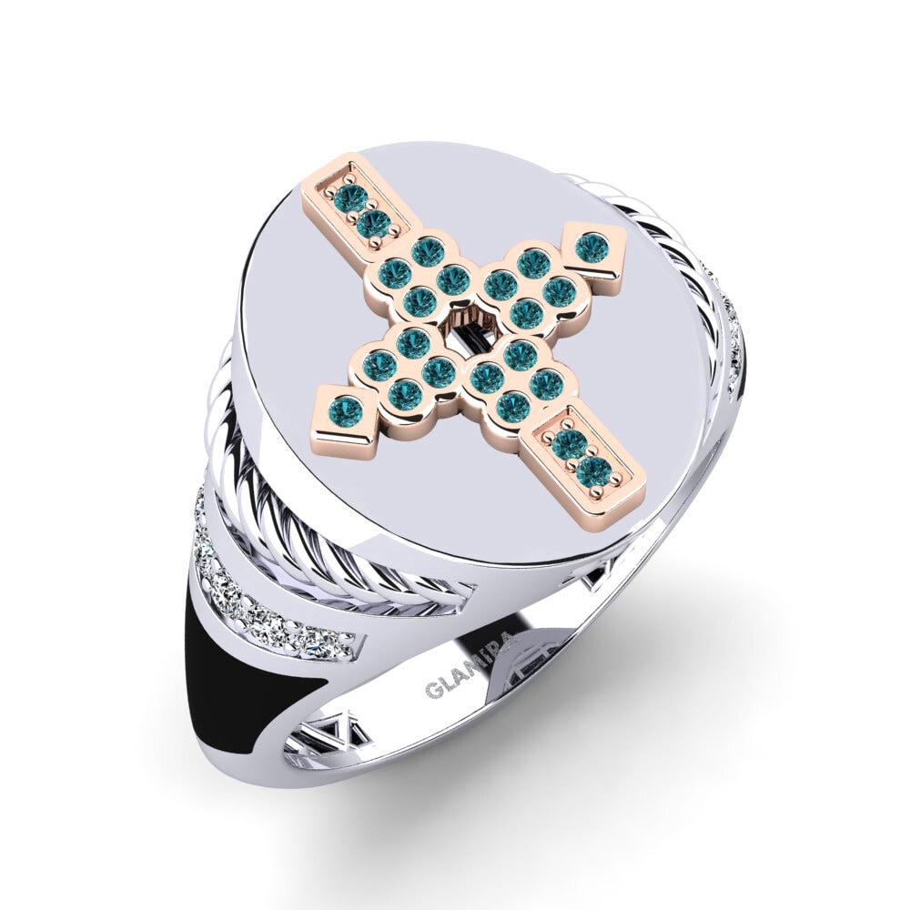 14ct White & Rose Gold Blue Diamond Men's Ring Wrina