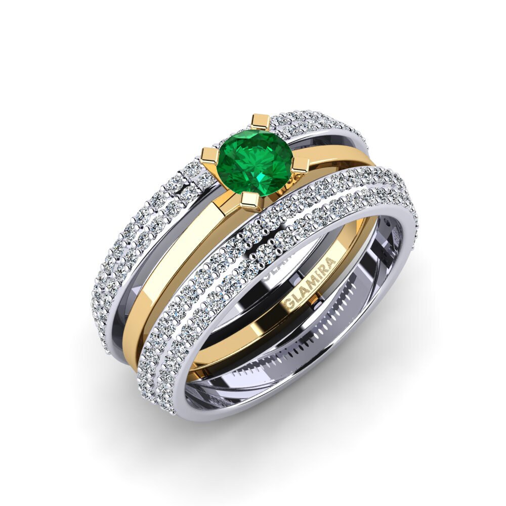 Or Blanc & Jaune 18k Émeraude (créée en laboratoire) Bague Xlifin - SET