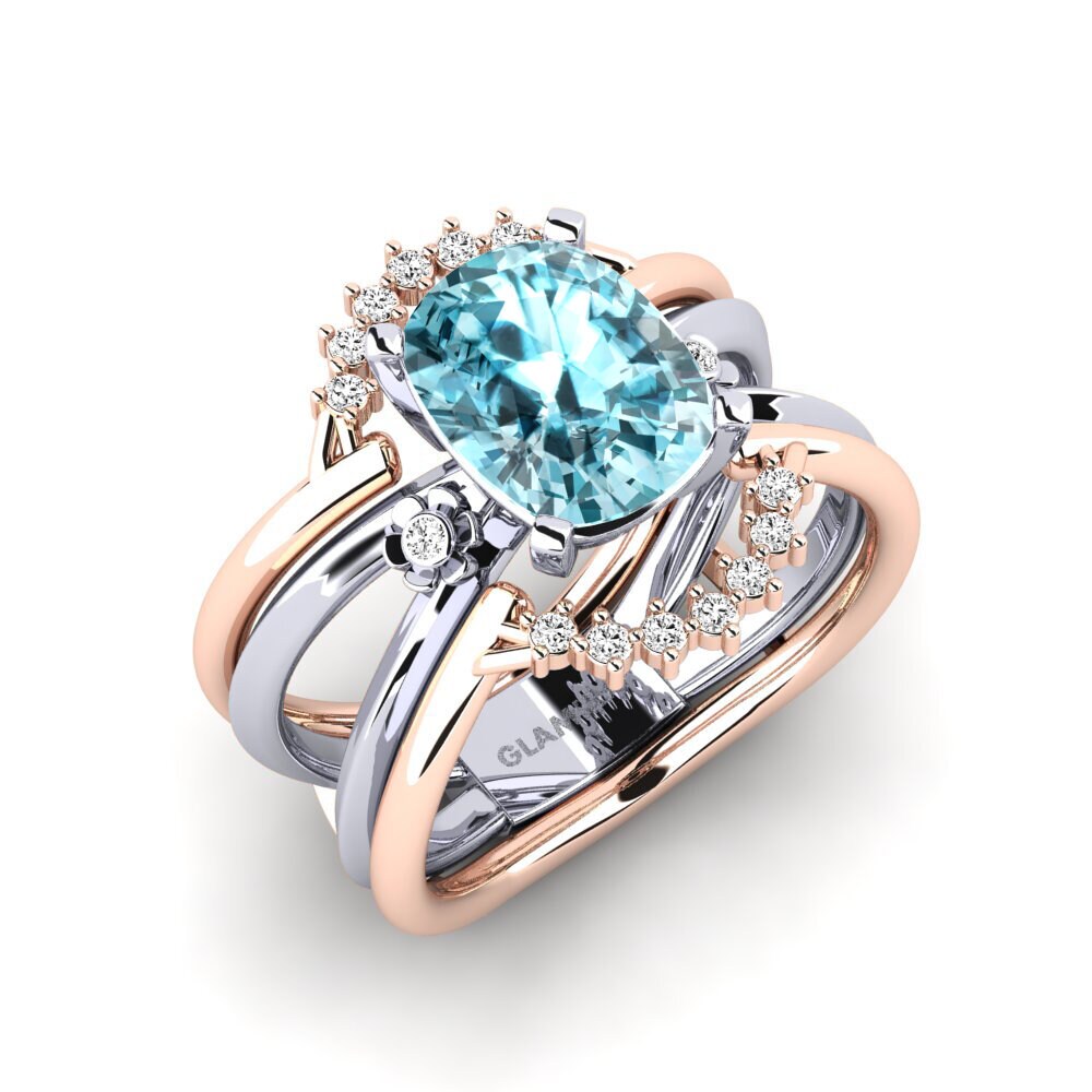 Or Rose& Blanc 18k Zircon Bleu Bague Yablexa - SET