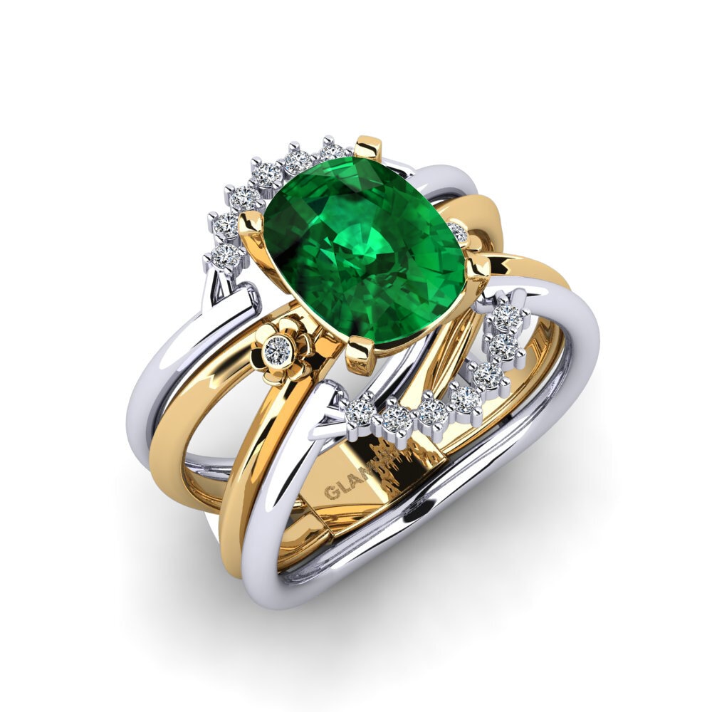 Or Blanc & Jaune 18k Émeraude (créée en laboratoire) Bague Yablexa - SET