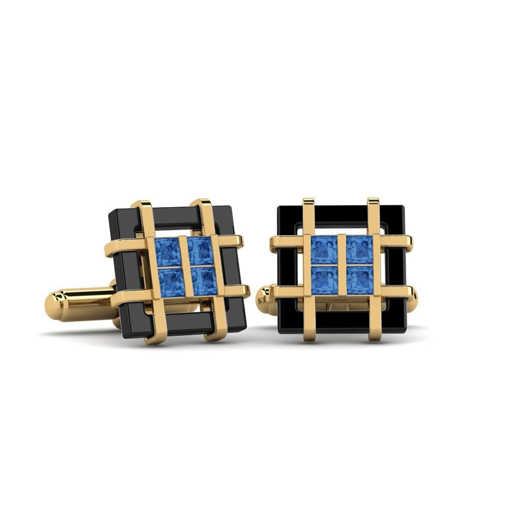 18k Oro Amarillo Circonita Azul Oscuro Gemelo Yager